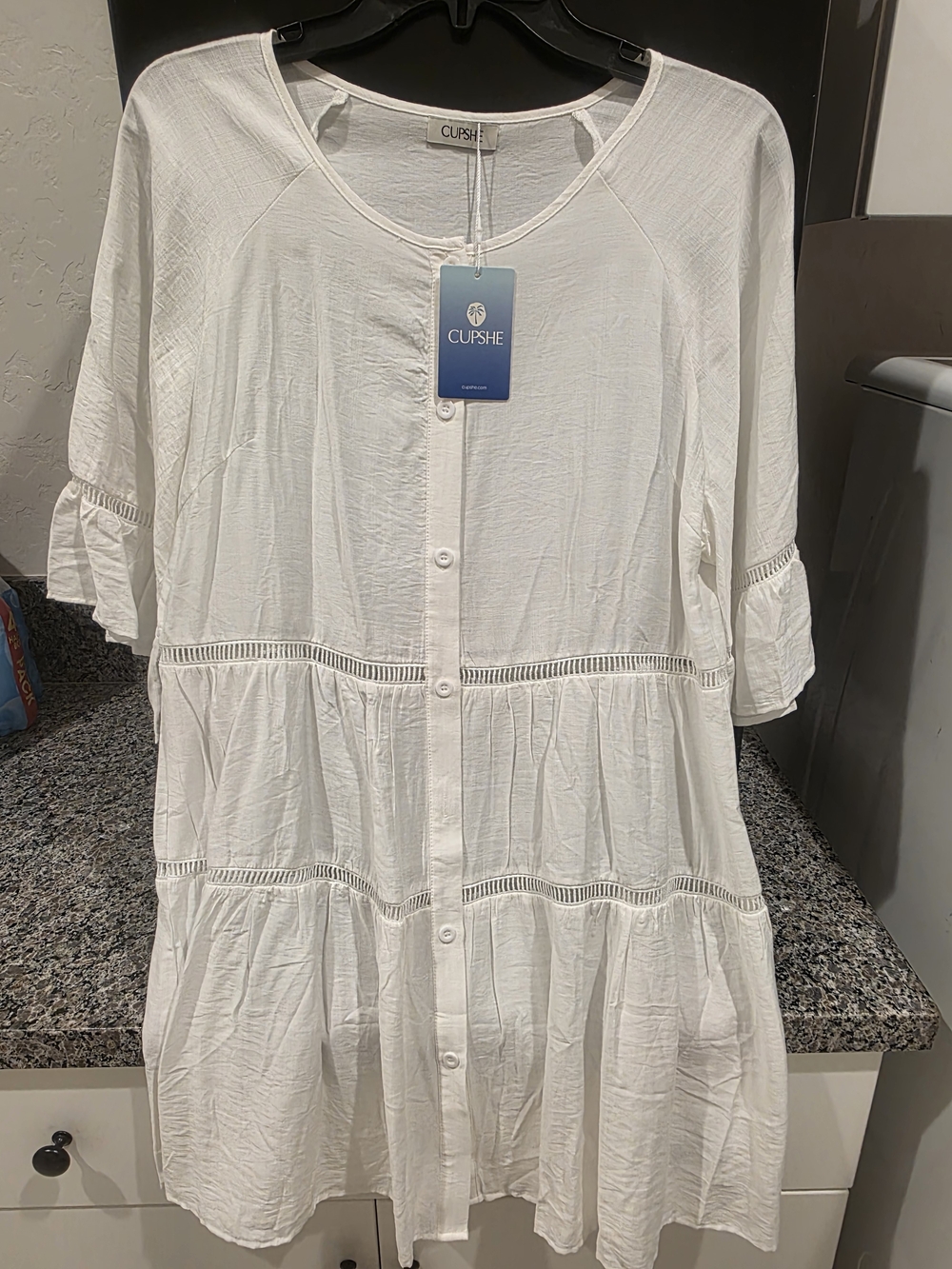 NEW W TAGS Cupshe White Button-Down Tiered Crochet-Trim Bathing Suit Cover Up